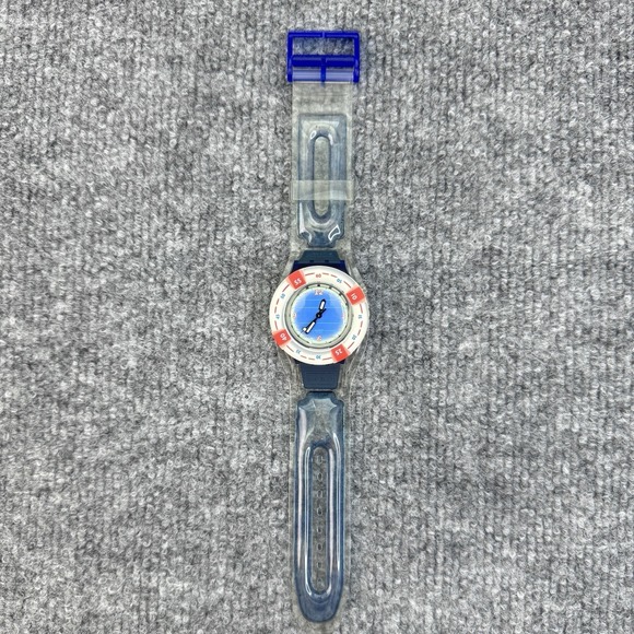 Swatch Blue Dial Watch with White Bezel and Red Accents main image 9